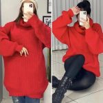 بافت یقه شل زنانه گرم بالا رنگ قرمز